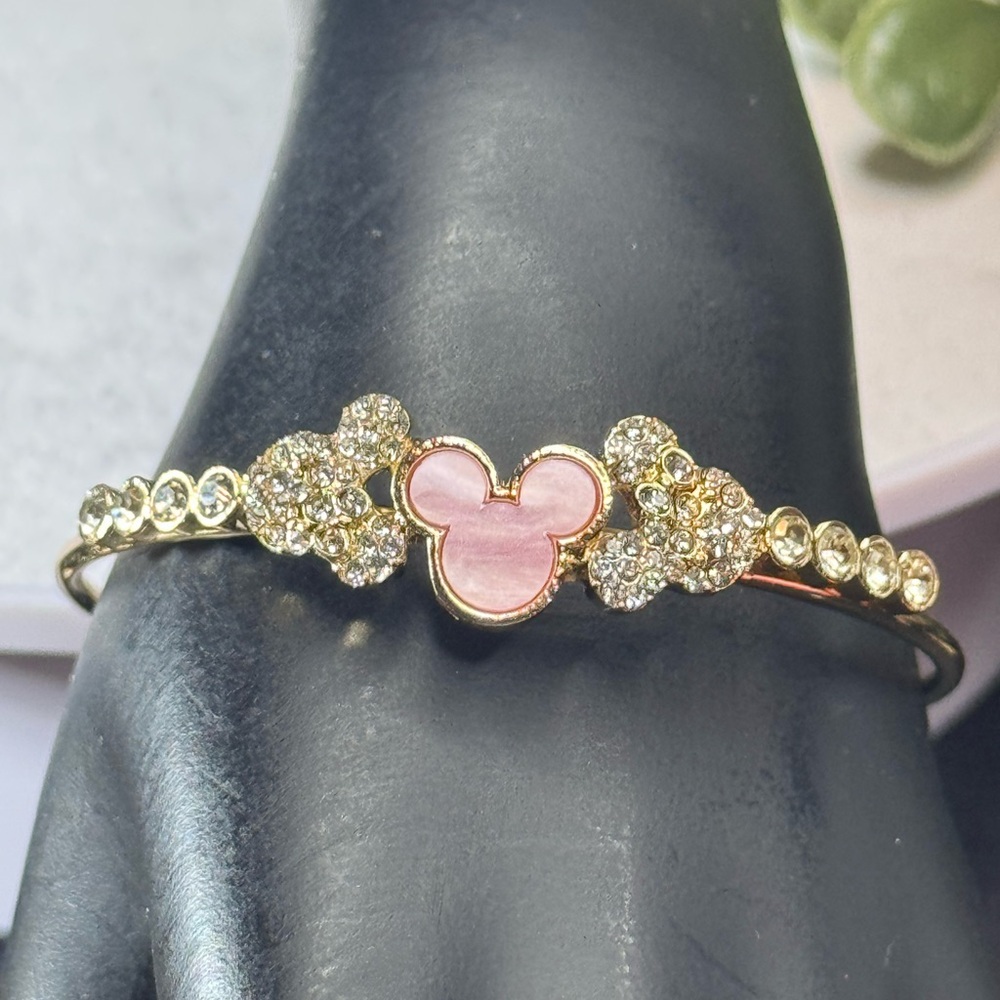 NWOT Gold Tone Sparkling Mickey Ears Cuff Bracelet Pink 2 inch